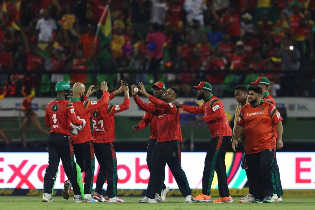 Players of Guyana Amazon Warriors celebrate the wicket of Kadeem Alleyne of Barbados Royals during the 2024 Republic Bank Caribbean Premier League semi final against Barbados Royals at Providence Stadium on October 4, 2024 in Georgetown, Guyana. - Photo courtesy CPL T20