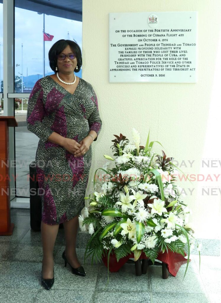 Police Commissioner Erla Harewood-Christopher at the wreath-laying ceremony for the 48th anniversary of the Cubana Airlines terror attack held at the Piarco International Airport on October 6. - Photo by Faith Ayoung