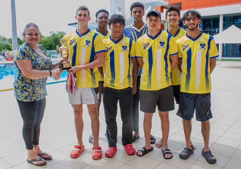 Fatima College “B” collect their awards after winning the boys’ under-16 category at the Aquatics Sports Association of TT National Secondary Schools Beach Polo Championships at the National Aquatic Centre, Couva on September 28. 