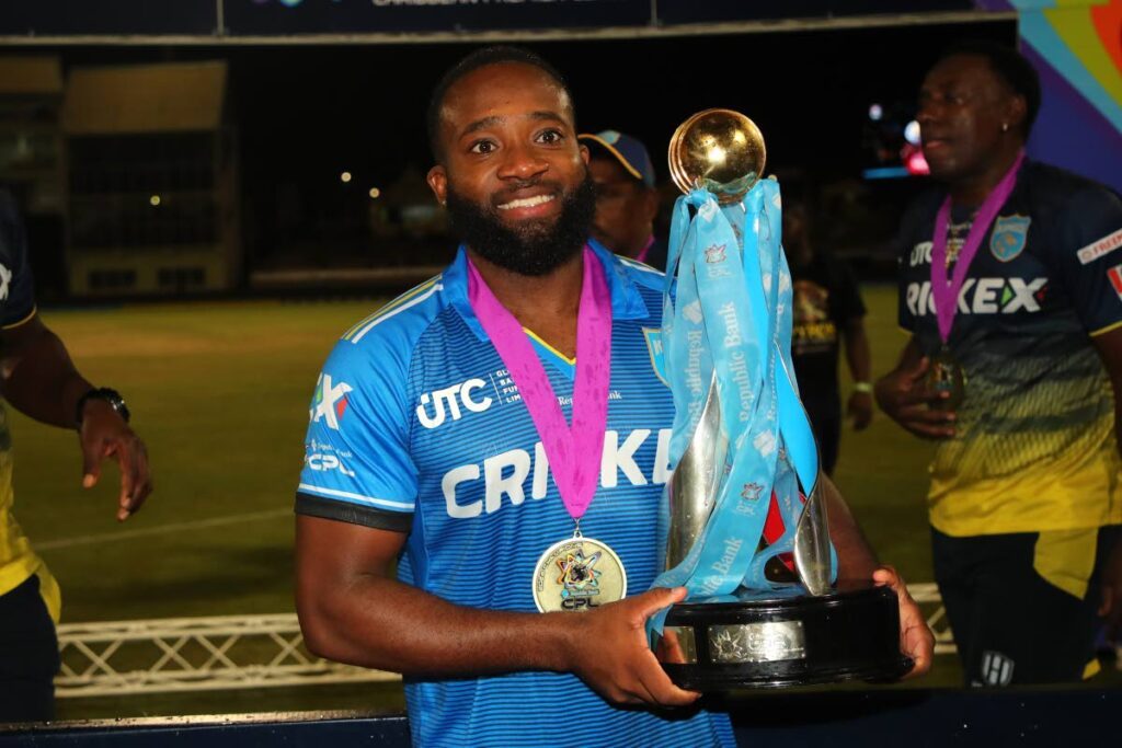 Aaron Jones of St.Lucia Kings celebrates with the CPL T20 trophy after winning the 2024 Republic Bank Caribbean Premier League final against Guyana Amazon Warriors at Providence Stadium on October 6, 2024 in Georgetown, Guyana.  - (CPL T20)