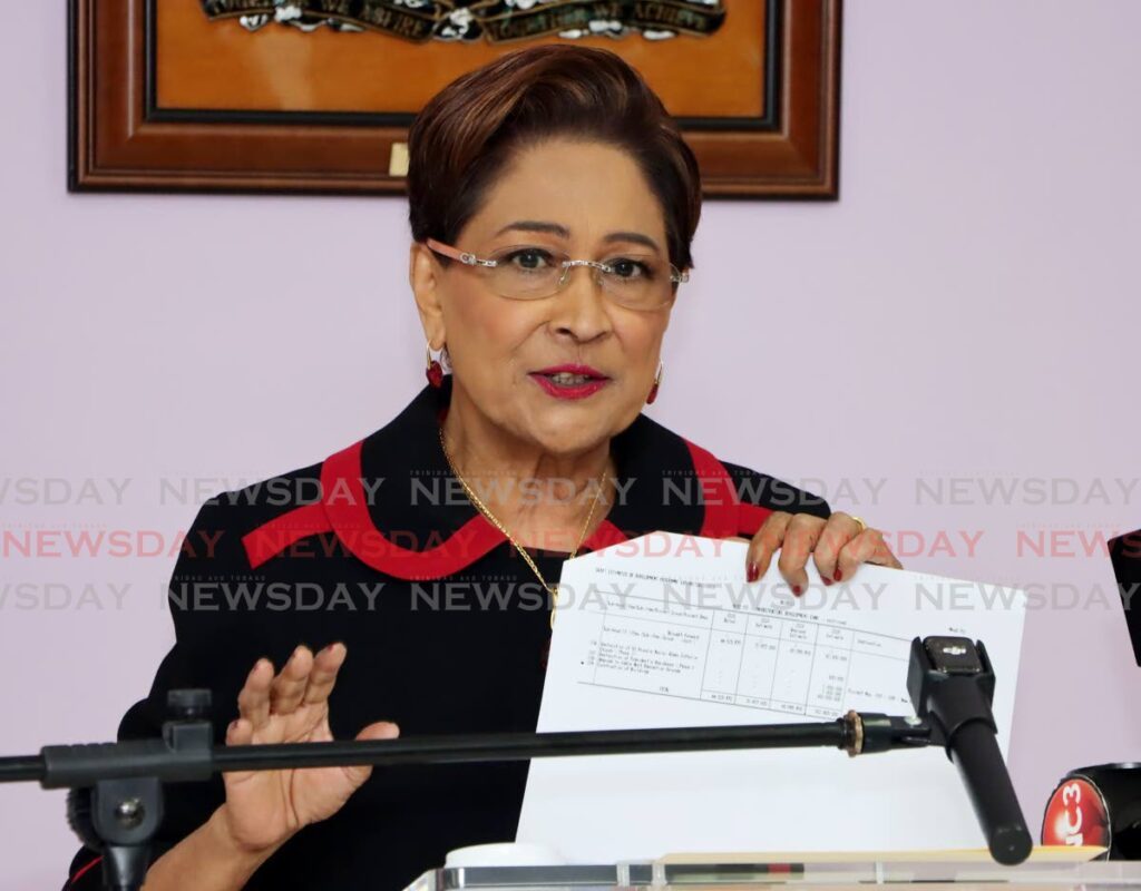 Opposition Leader Kamla 
Persad-Bissessar during a press conference on October 7 at the Office of the Opposition Leader, Charles Street, Port of Spain. - Photo by Ayanna Kinsale - 