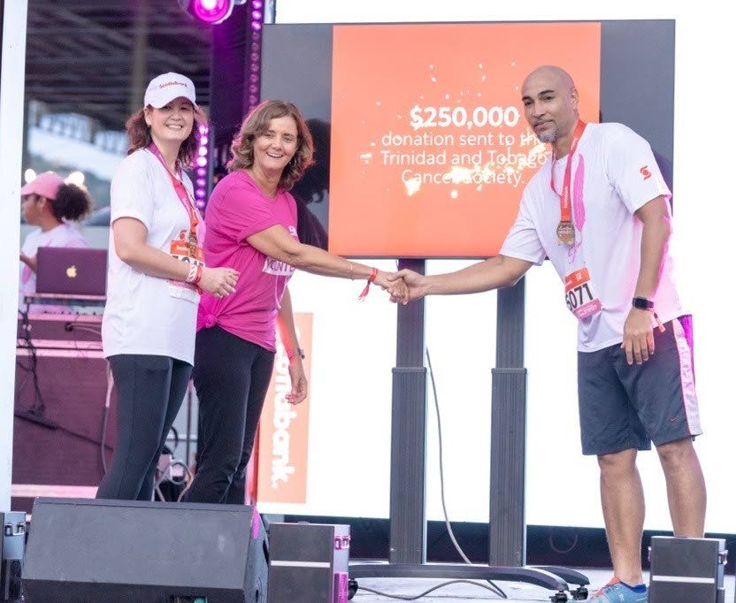 From left-right: Scotiabank senior vice-president and marketing director Gayle Pazos, Scotiabank Foundation chairperson Roxane De Freitas and TT Cancer Society chairman Robert Dumas during the digital transfer of $250,000 to the TT Cancer Society. Photo courtesy Scotiabank.  - 