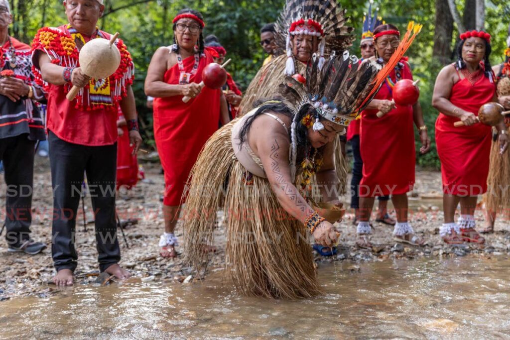 A member of the Trio Tribe from Suriname, adorned in cultural costume and body paint, makes an offering during the Water Ritual at the Arima River along Blanchisseuse Road on October 13. The attire and body art are essential for connecting with the holy spirits and ancestors, facilitating direct messages through nature, offering protection, and affirming their presence with the tribe. If the sacred rules of the costume are not upheld, no contact with the spiritual world can be made. - Photo by Jeff K. Mayers