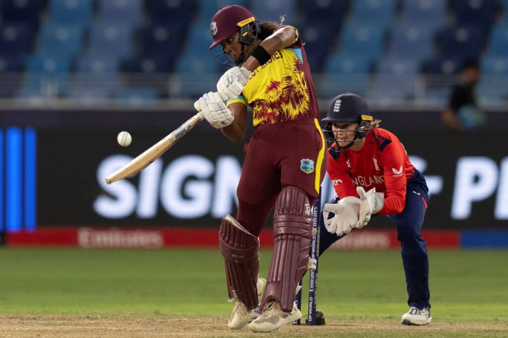 West Indies' captain Hayley Matthews bats during the ICC Women's T20 World Cup 2024 match against England at Dubai International Stadium, United Arab Emirates, on October 15, 2024. (AP Photo) - 