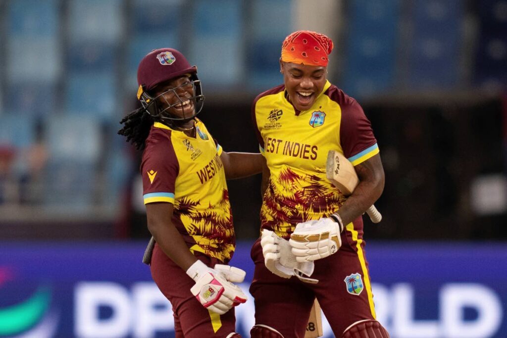 West Indies’ Aaliyah Alleyne (L) and Chinelle Henry celebrate their win against England during the ICC Women’s T20 World Cup 2024 match at Dubai International Stadium, United Arab Emirates, on October 15.  (AP Photo) - 