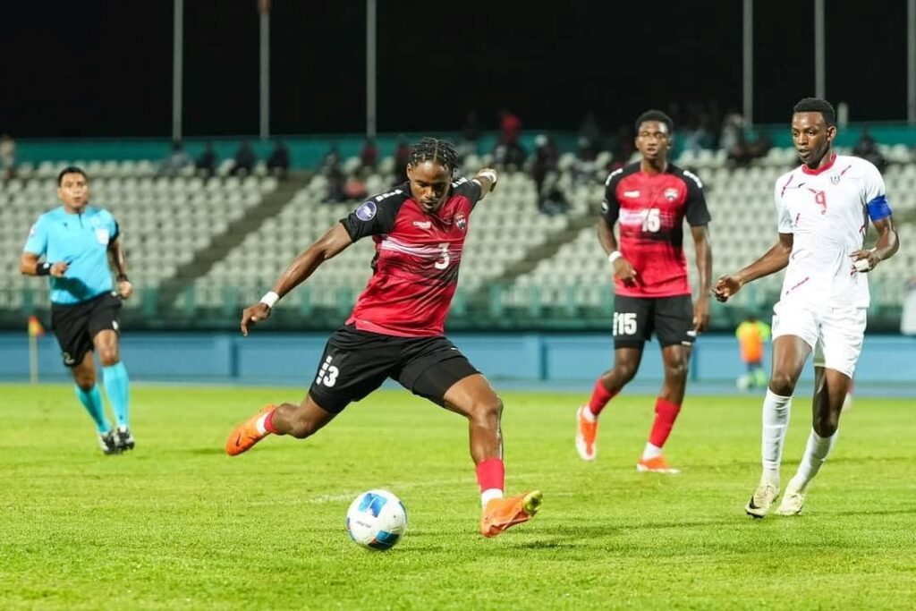 Trinidad and Tobago's Joevin Jones takes a shot at goal against Cuba during their Concacaf Nations League match, on October 14, 2024 at the Dwight Yorke Stadium, Bacolet, Tobago. - Photo courtesy TTFA Media