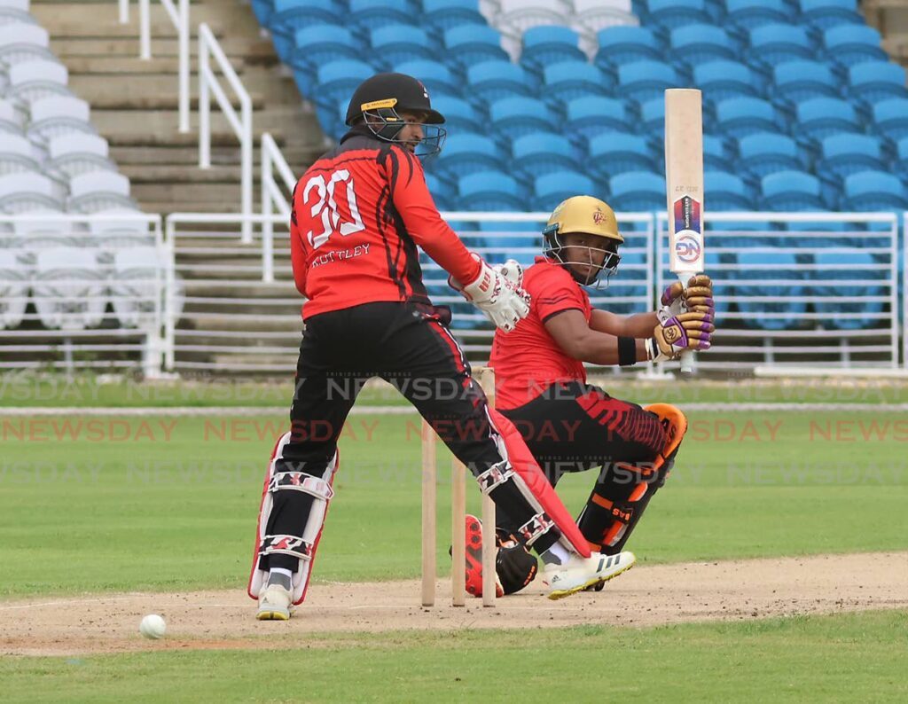 TT Red Force batsman Mark Deyal plays a shot during a Red Force practice match, on October 16, 2024 at the Brian Lara Cricket Academy, Tarouba. - FILE PHOTO