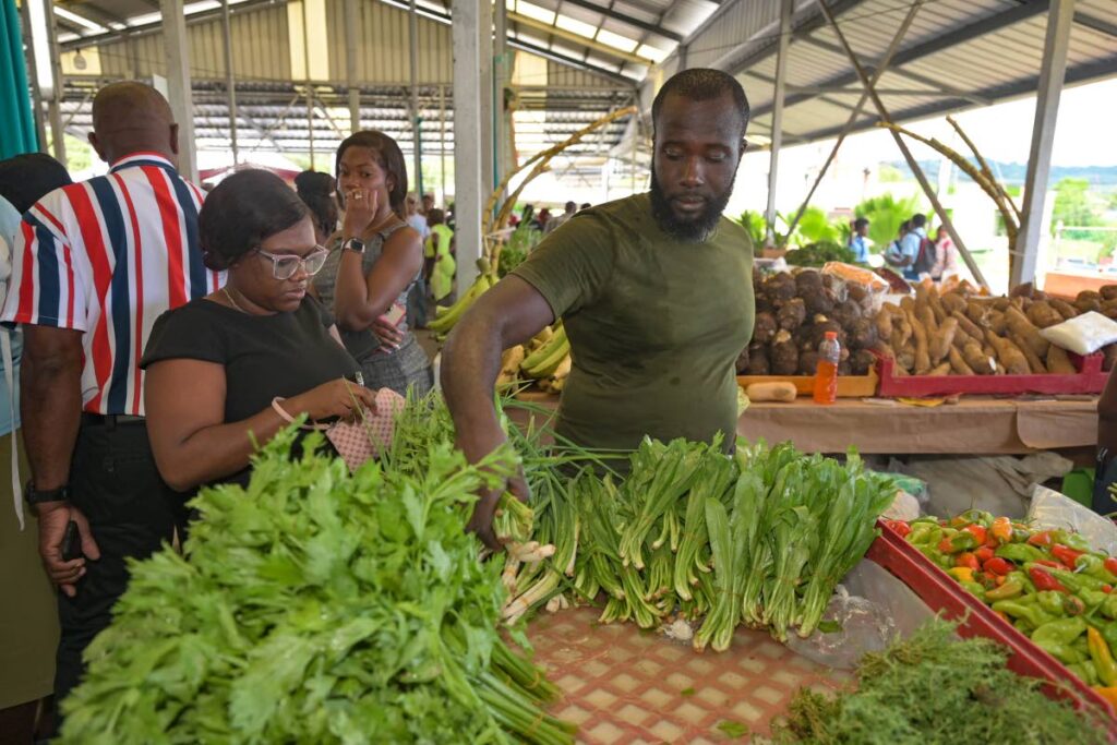 Vendor Anderson Duncan showcases his celery, chive and chadon beni as customer Anisha Thomas looks to make a purchase during World Food Day celebrations at Shaw Park, Tobago on October 16. - Visual Styles