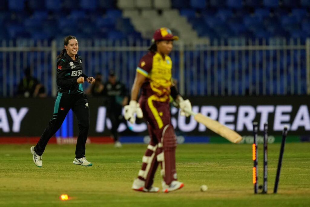 New Zealand's Fran Jonas, left, celebrates the dismissal of West Indies' Chedean Nation during the ICC Women's T20 World Cup semi-final at Sharjah Stadium, United Arab Emirates, Friday. - AP