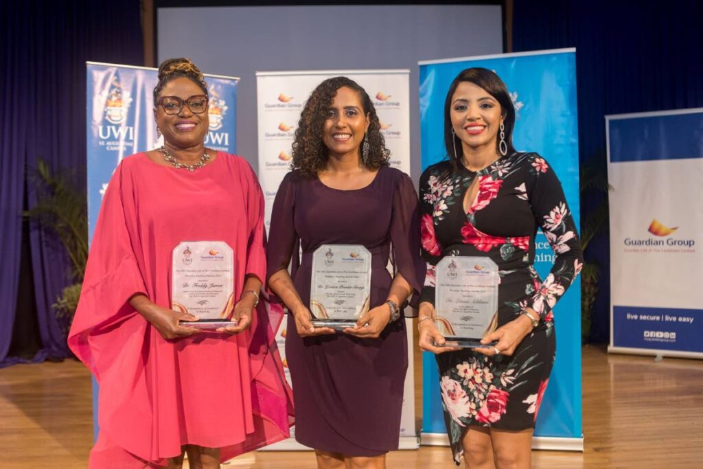 UWI Guardian Life of the Caribbean Premium Teaching Awardees 2024 Dr Freddy James, Dr Yomica Powder-Georgeand Dr Letetia Addison received their awards on September 26, at the LRC Auditorium, UWI, St Augustine campus. - Photo courtesy UWI