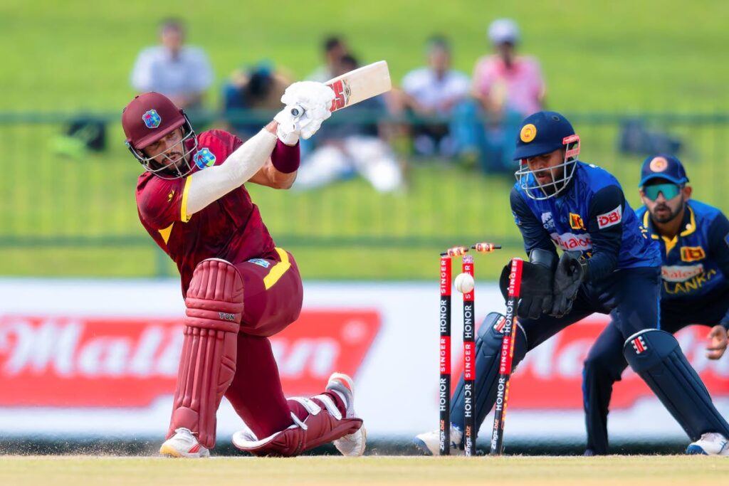 West Indies' Brandon King is bowled by Sri Lanka's Wanindu Hasaranga during the first ODI in Pallekele, Sri Lanka, on October 20, 2024. - AP PHOTO