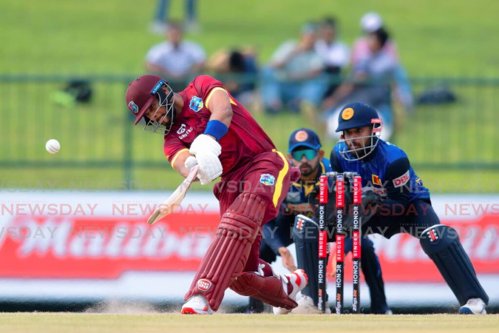 West Indies' Captain Shai Hope plays a shot during the first ODI cricket match between Sri Lanka and West Indies in Pallekele, Sri Lanka, on October 20, 2024. (AP Photo) - 