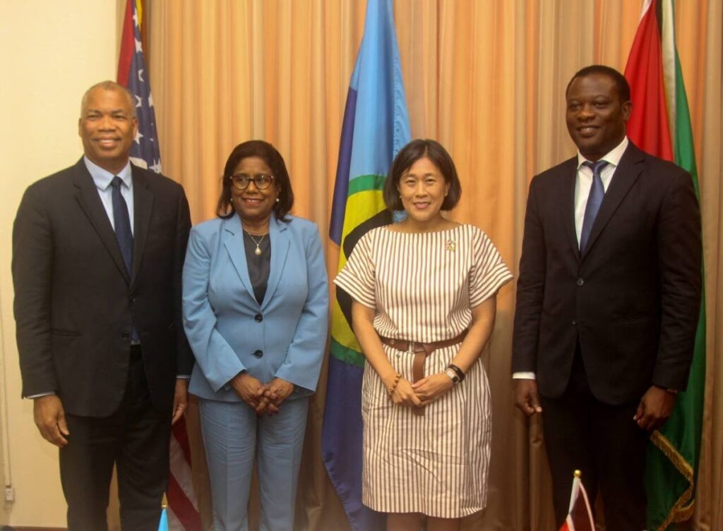 Wayne McCook, assistant secretary-general, Caricom, left; Paula Gopee-Scoon, Trade; Ambassador Katherine Tai, US Trade Representative; and Hugh Todd, Minister of Trade Foreign Affairs and International Co-operation of Guyana. -Photo courtesy MTI