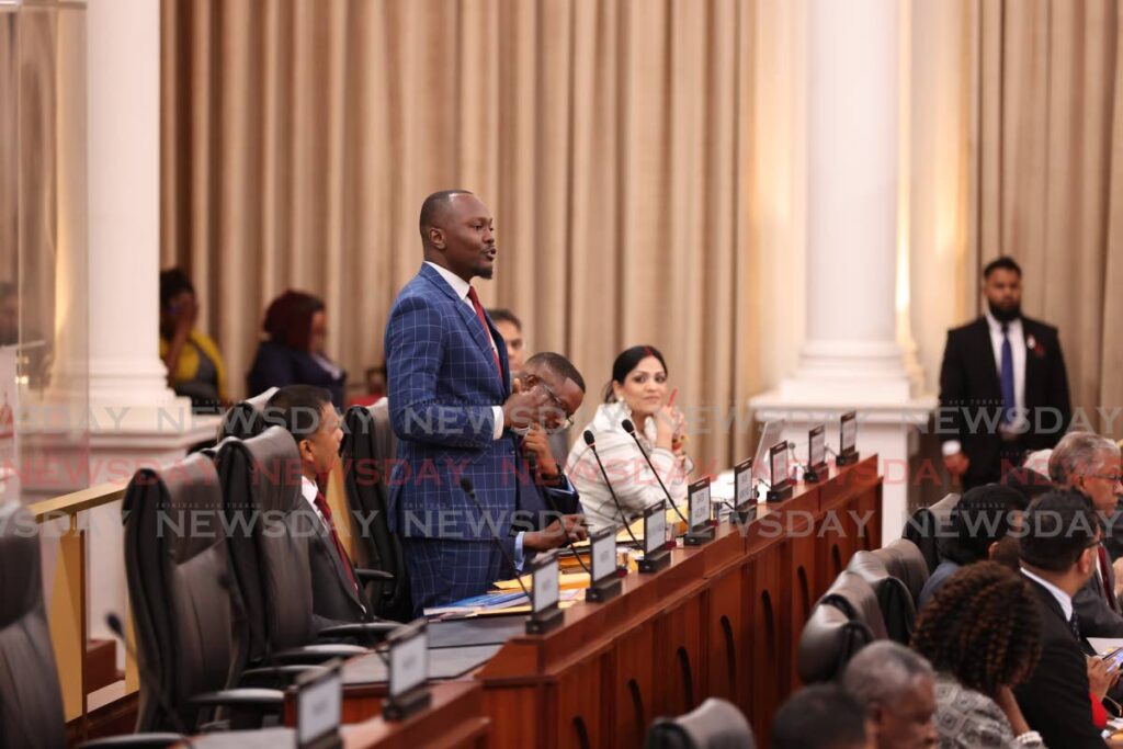 Government senator Ancil Dennis speaks on October 21 during the budget debate in the Upper House. - Photo by Jeff Mayers 