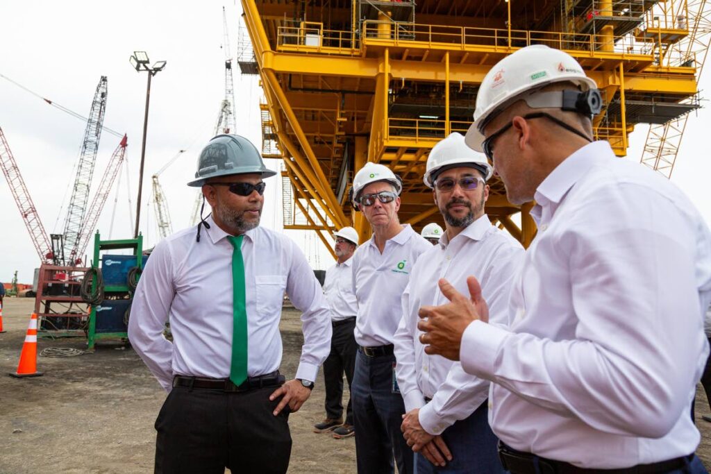 Acting Prime Minister and Energy Minister Stuart Young, centre, tours the Mento platform at the TOFCO yard, La Brea with George Vieira, managing director, EOG Resources Trinidad Ltd; David Campbell, president, bpTT and Javed Mohammed, general manager, TOFCO on October 23. - Photo courtesy bpTT 