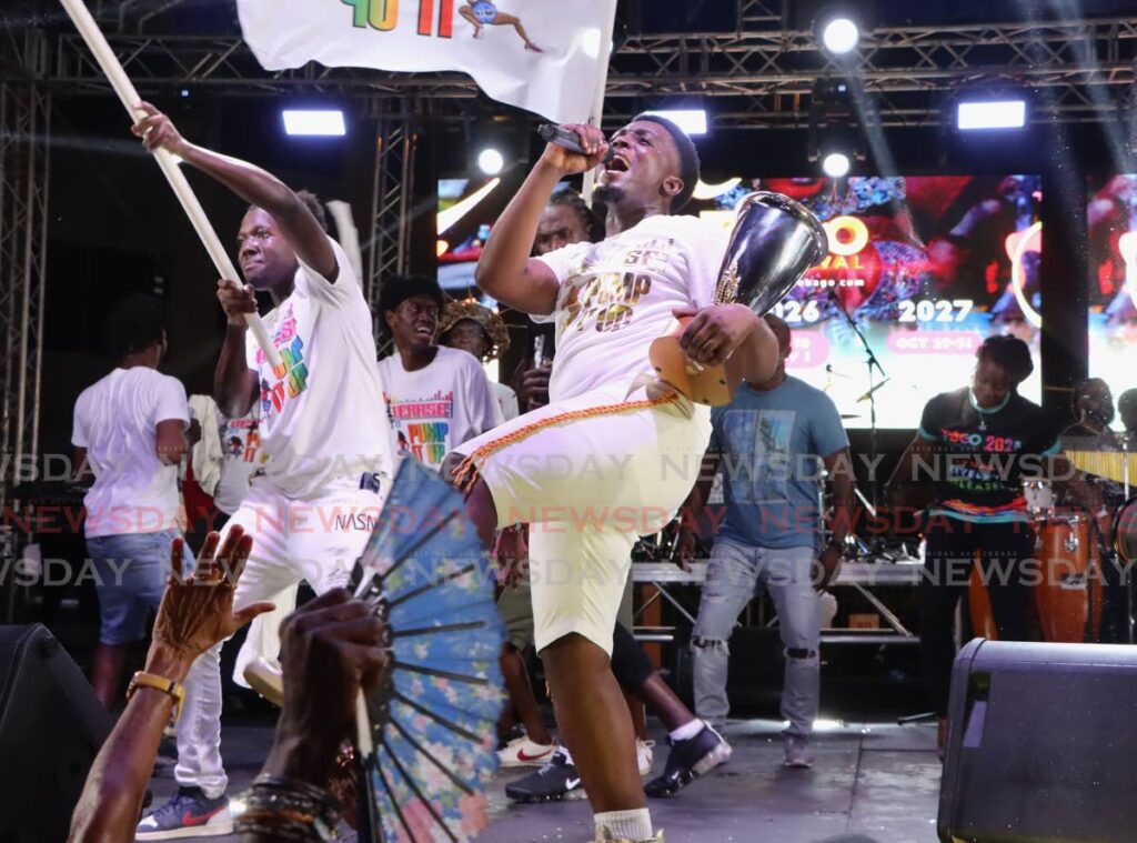 A triumphant Jahiem “Verrse” Thomas delivers an encore performance after winning the Soca Titans competition at the Market Square Carpark, Scarborough on October 23. - Photo by Ayanna Kinsale