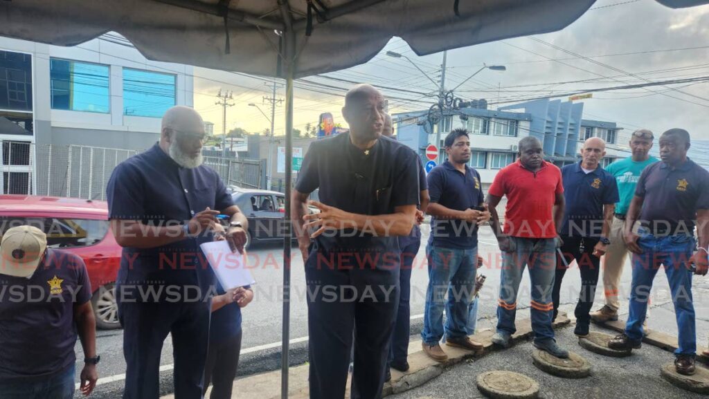 President general of the Oilfields Workers' Trade Union (OWTU) Ancel Roget speaks to T&TEC workers during a protest outside the commission's Cipero Street office in San Fernando on October 24. - Photo by Yvonne Webb