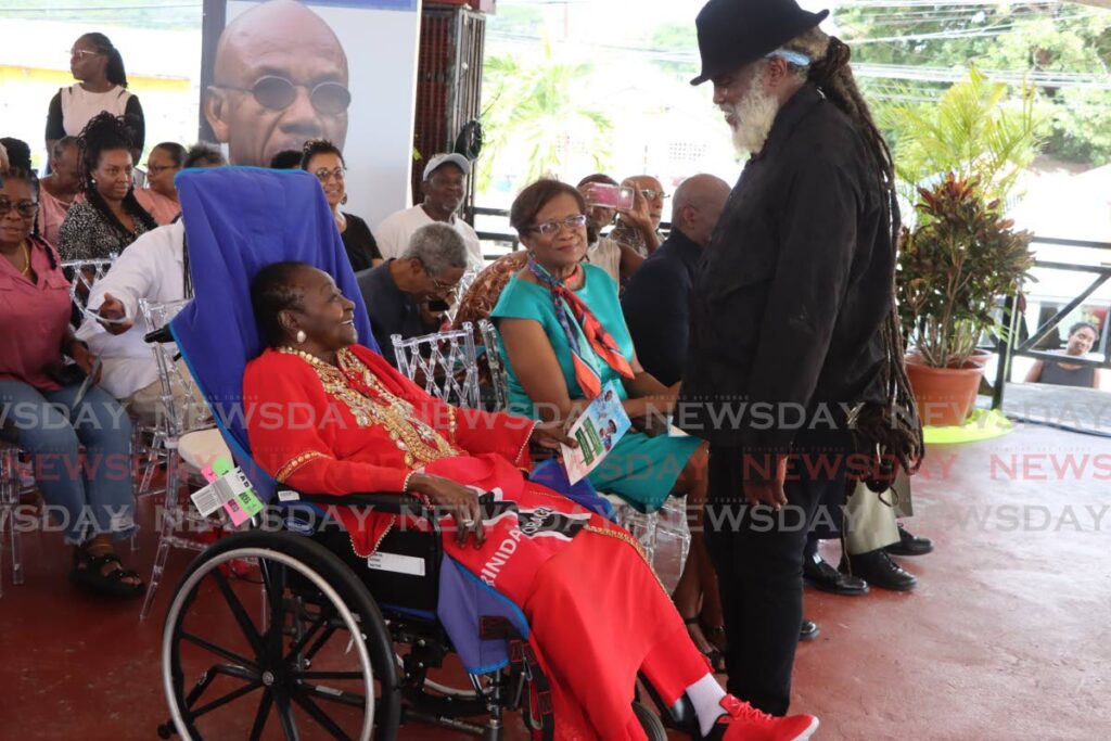 Calypso Rose speaks with singer Sharlan Bailey, son of deceased calypso legend Winston 