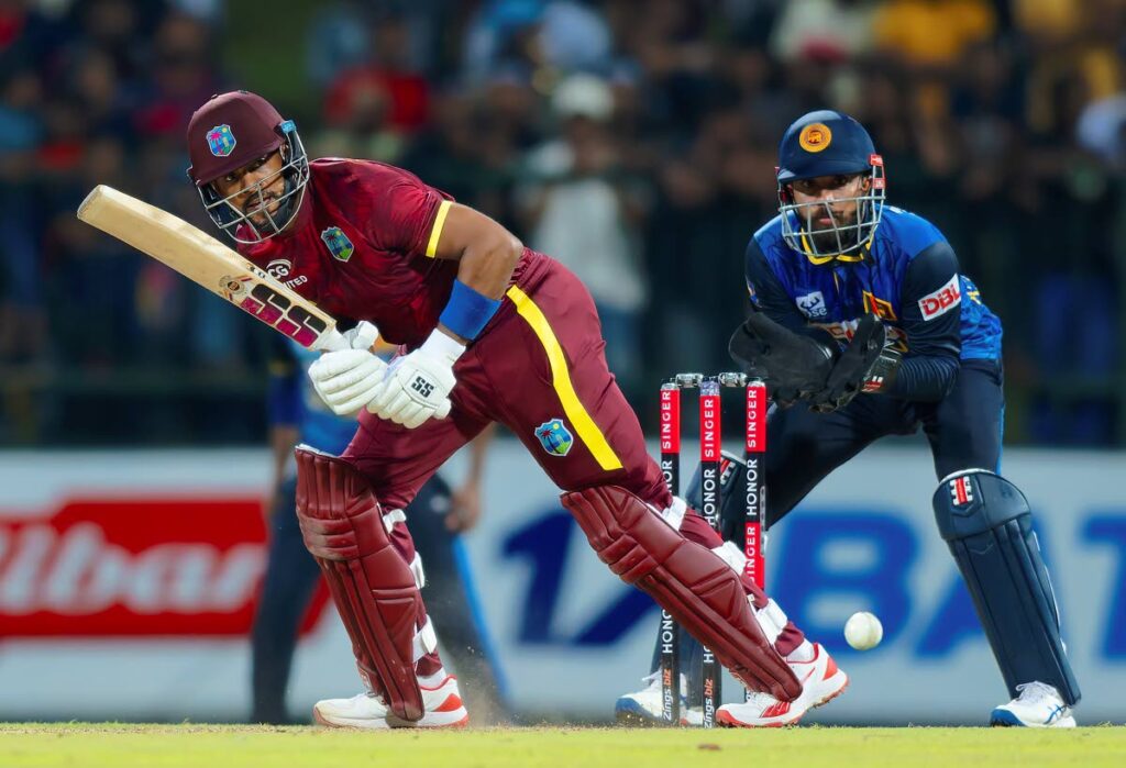 West Indies' captain Shai Hope plays a shot during the third ODI against Sri Lanka in Pallekele, Sri Lanka, on October 26, 2024. (AP Photo) - 