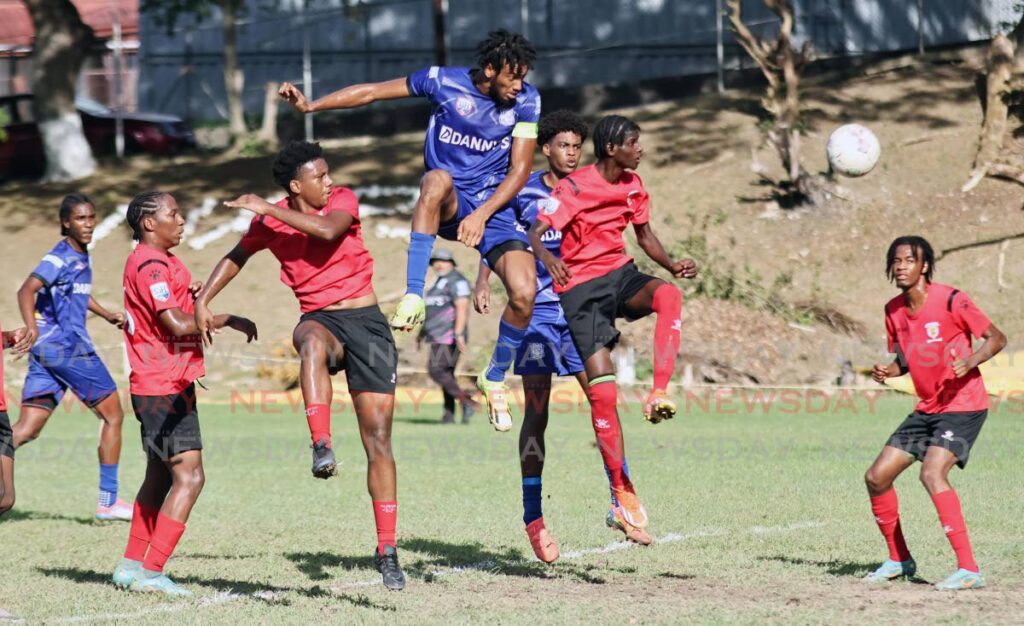 Naparima College captain Israel Joseph attempts a header at goal against St Anthony’s College during a Secondary Schools Football League match at Lewis street San Fernando on October 26, 2024. - Photo by Lincoln Holder 