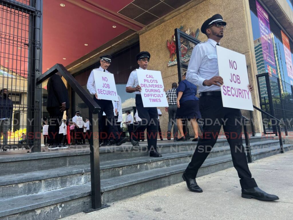 Caribbean Airlines pilots stage a peaceful protest outside the Ministry of Finance in Port of Spain on October 30. - Photo by Enrique Rupert