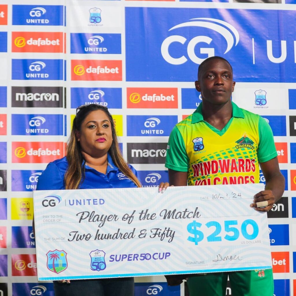 Windward Islands Volcanoes wicket-keeper/batsman Dillon Douglas took home the Man of the Match award in his team's CG United Regional Super50 win over Guyana Harpy Eagles on October 29.  - Photo courtesy Windies Cricket. 