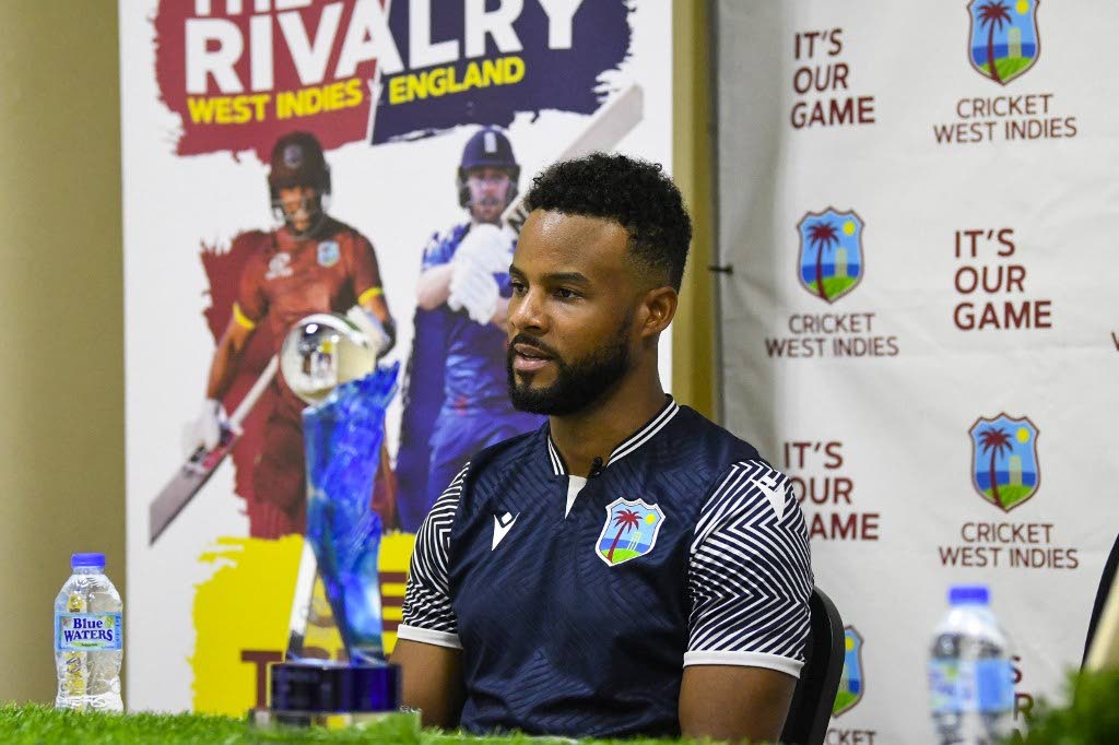 West Indies captain Shai Hope speaks to the press before taking part in a training session one day ahead of the 1st ODI between West Indies and England at Vivian Richards Cricket Stadium, North Sound, Antigua and Barbuda, on October 30. - 