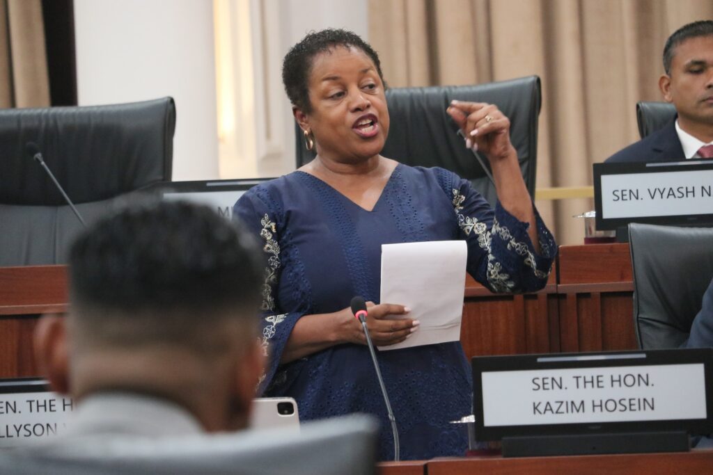 Minister of Public Administration Allyson West during the budget debate in the Senate on October 23. - Photo courtesy Office of the Parliament