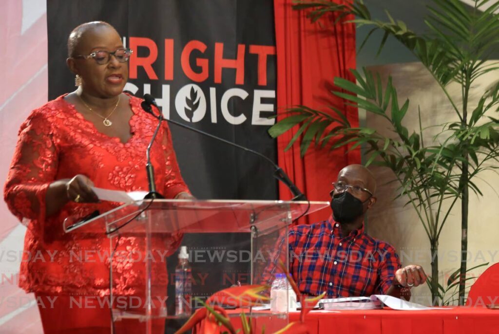 The Prime Minister looks on as Arouca/Maloney MP Camille Robinson-Regis speaks at a PNM meeting at Mt Pleasant/Calvary Community Centre in Arima in 2022.  - File photo