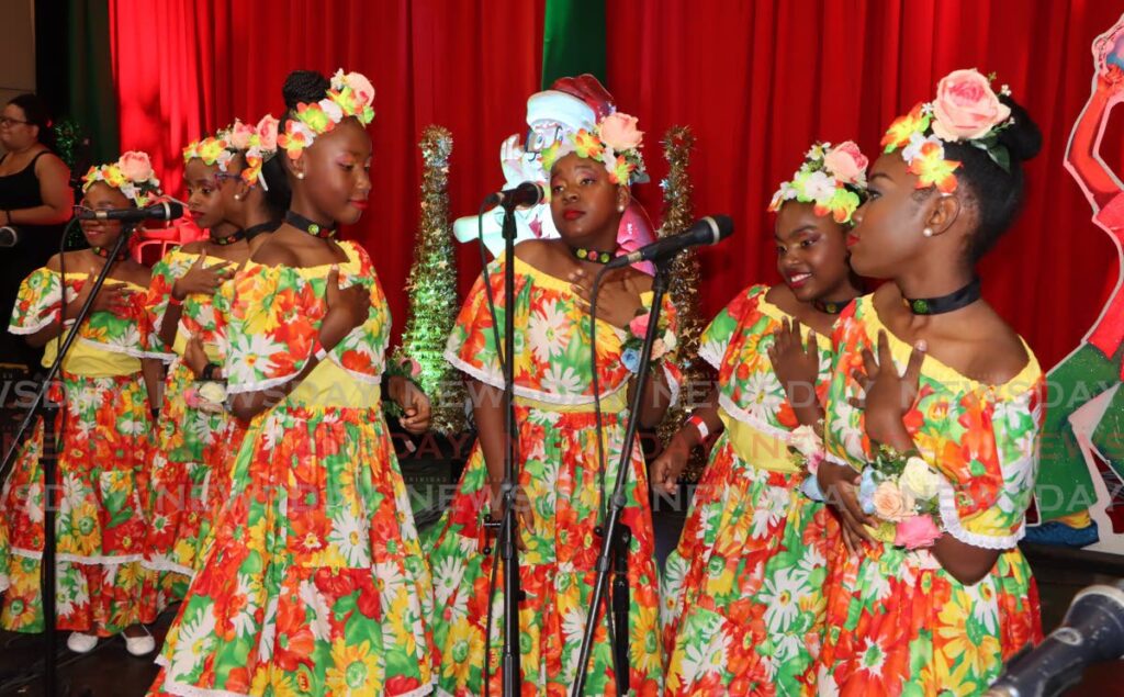 Members of the St Gabriel's Girls RC Primary School (San Fernando) parang band perform at the Junior Parang Competition on November 18, 2023. - Photo by Angelo Marcelle