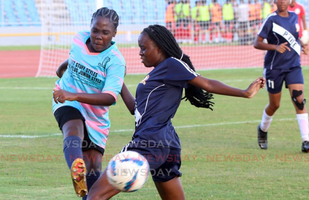 Miracle Ministries' Sydney Pollard, left, scored against Carapichaima West Secondary in the Coca Coca central zone girls intercol semis on November 14. - File photo