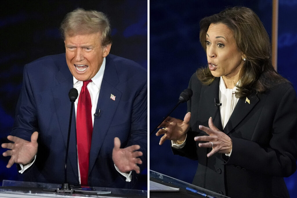 This combination of photos shows Donald Trump, left, and Vice President Kamala Harris during an ABC News presidential debate at the National Constitution Center on September 10 in Philadelphia.   - AP PHOTO