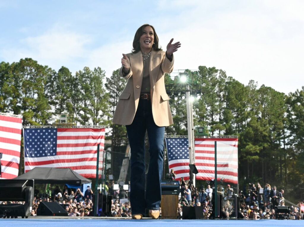 US Vice President and Democratic presidential candidate Kamala Harris greets the crowd during a campaign rally in Atlanta, Georgia, on November 2. - AFP PHOTO