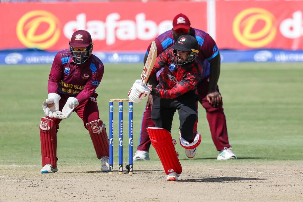 In this photo taken on November 3, Red Force batsman Amir Jangoo goes on the attack against Leeward Islands in a Super50 Cup match, at the Brian Lara Cricket Academy, Tarouba. - CWI Media