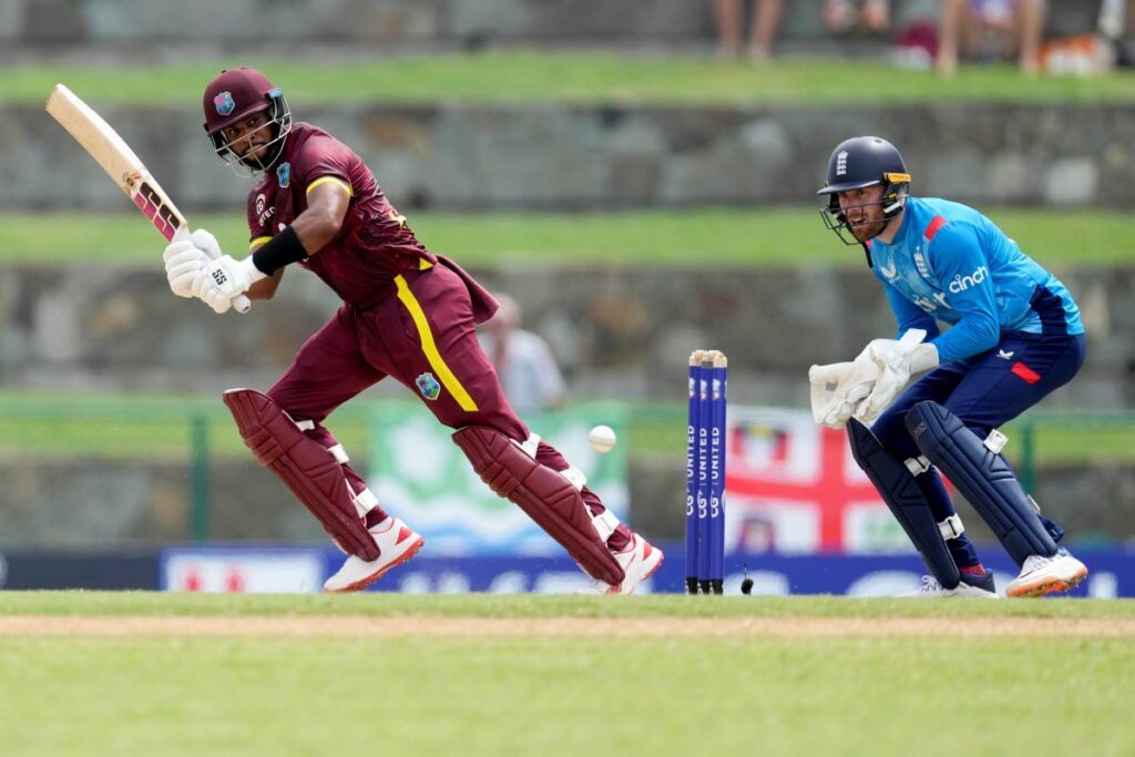 West Indies captain Shai Hope plays a shot during the second CG United ODI match against England at Sir Vivian Richards Ground in North Sound, Antigua on November 2. AP PHOTO  - 