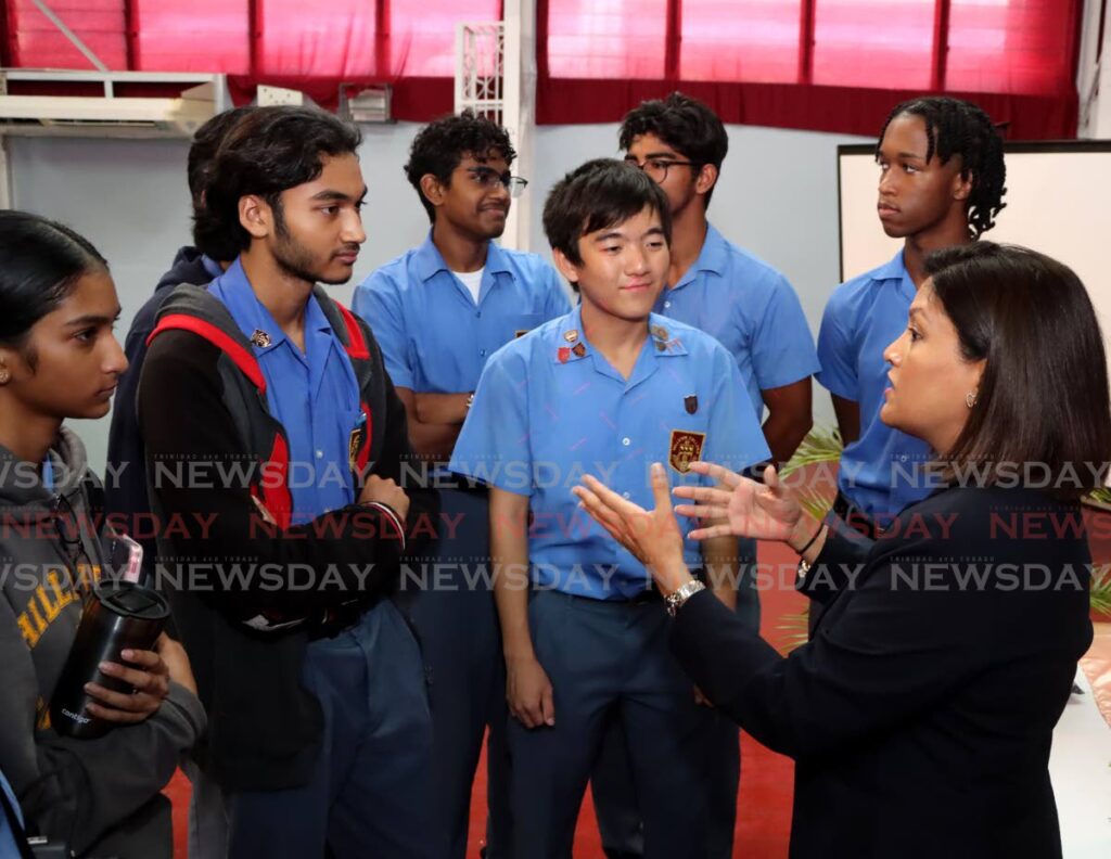 Patriotic Front political leader Mickela Panday speaks with students of Hillview College at the school's post-budget forum at College Road, El Dorado on November 4. - Photo by Ayanna Kinsale 