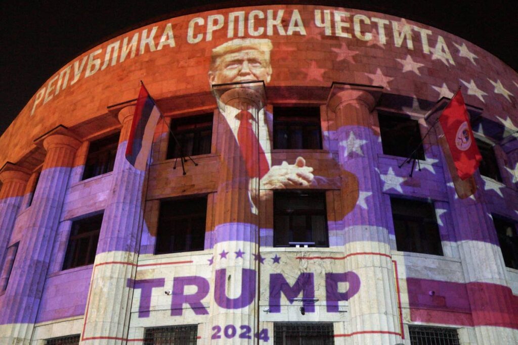 The colours of the US flag illuminate honouring US President-elect Donald Trump at the Palace of the Republic in the Bosnian town of Banja Luka, 240 kms northwest of Sarajevo, on November 6. - AP Photo