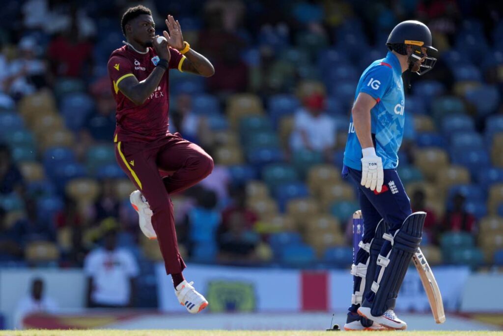 West Indies' Alzarri Joseph bowls against England during the third ODI cricket match at Kensington Oval in Bridgetown, Barbados, on November. 6, 2024. (AP Photo/Ricardo Mazalan) - 