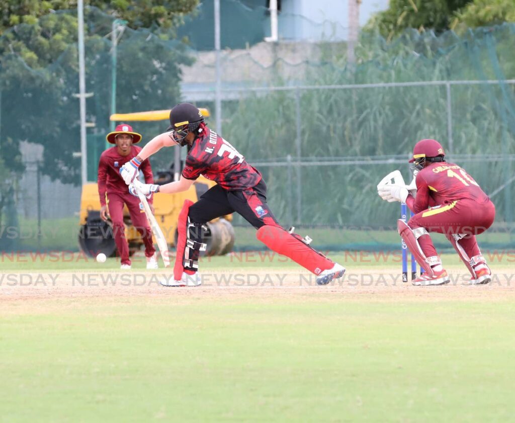 Trinidad and Tobago Red Force batsman Kjorn Ottley plays a forward defensive shot against West Indies Academy during the CG United Super50 cricket tournament at the Sir Frank Worrell Memorial Ground, UWI, St Augustine on November 7, 2024. - Photo by Ayanna Kinsale 