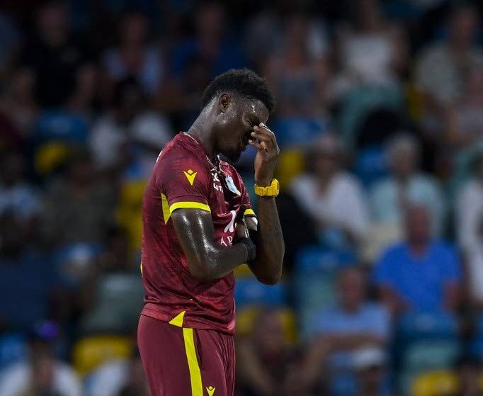 Alzarri Joseph of West Indies expresses disappointment during the 3rd and final ODI against England at Kensington Oval, Bridgetown, Barbados, on November 6. - AFP PHOTO