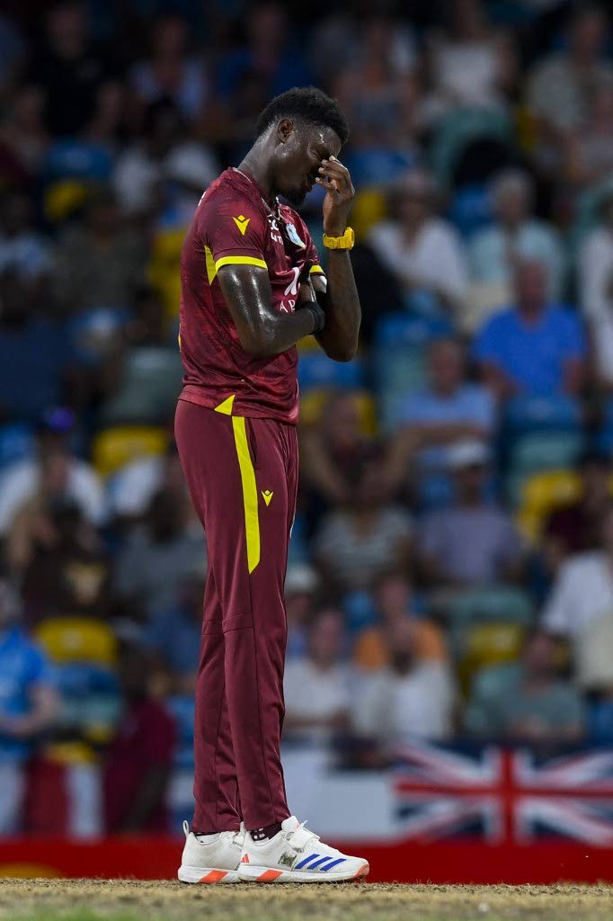 Alzarri Joseph of West Indies expresses disappointment during the 3rd and final ODI against England at Kensington Oval, Bridgetown, Barbados, on November 6. - AFP PHOTO