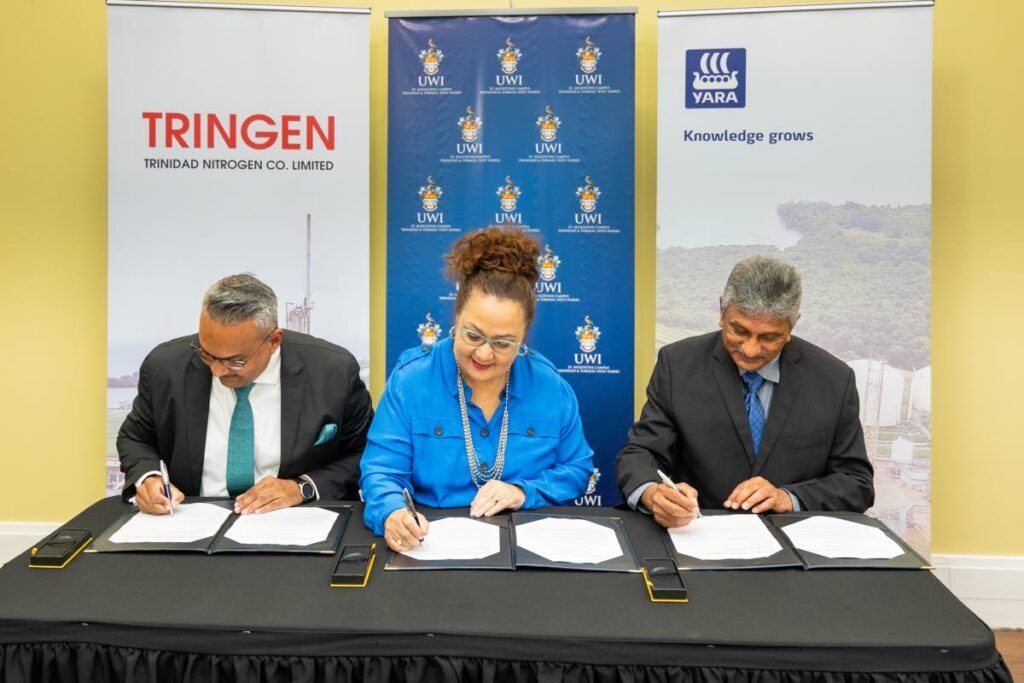 From left, president of TRINGEN Karlon Batchasingh; pro vice-chancellor and campus principal of UWI, St Augustine, Prof Rose-Marie Belle Antoine; and senior manager of Yara Trinidad Ltd Parmanand Birju at the MOU signing ceremony held at the UWI, St Augustine campus on November 6. - Photo courtesy UWI