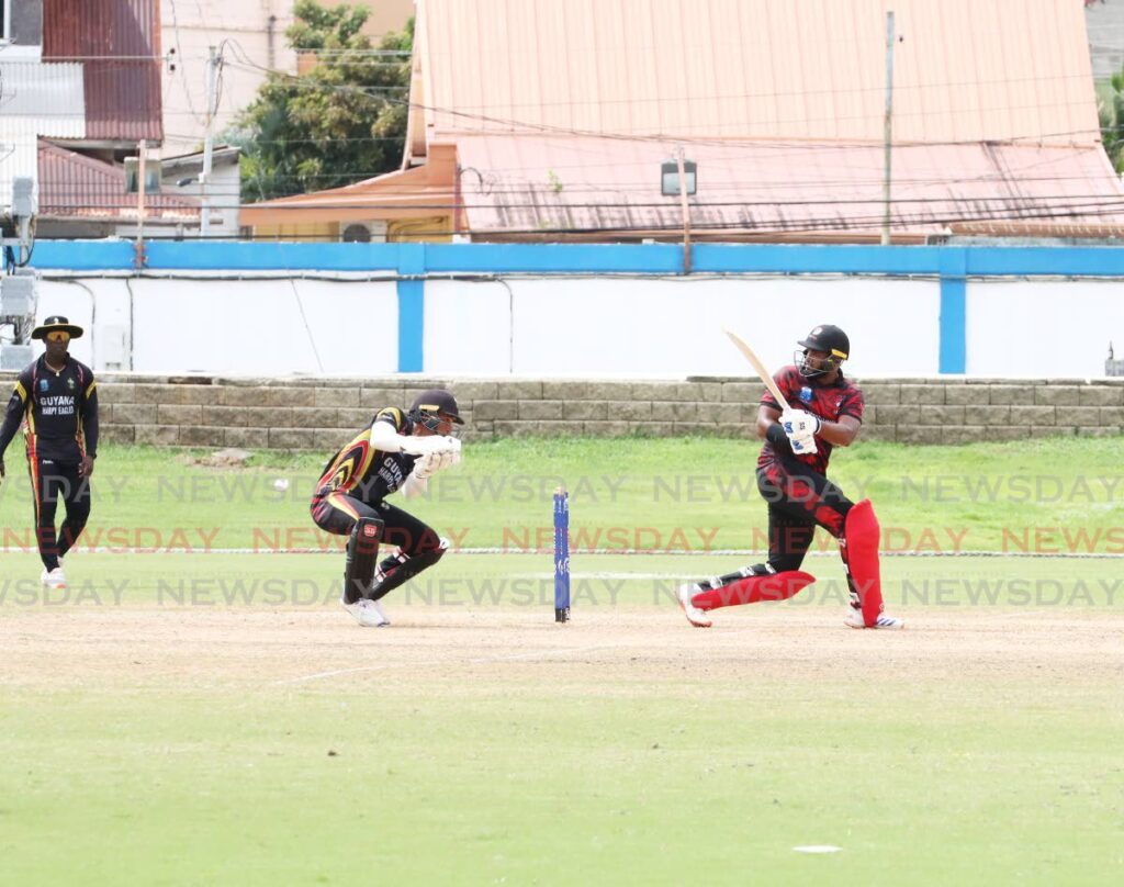 TT Red Force batsman Jyd Goolie plays a shot during the CG United Super 50 Cup match against Guyana Harpy Eagles, on November 9, at the Queen’s Park Oval, St Clair. - Photo by Ayanna Kinsale