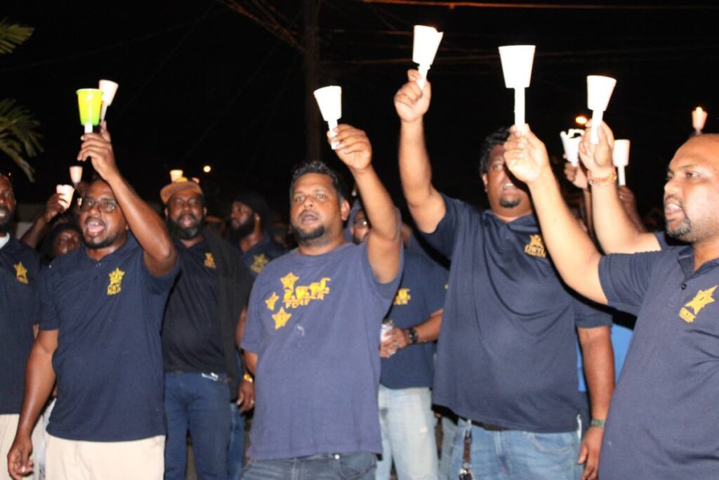 Disgruntled T&TEC workers during their protest at East Lakes, Tumpuna Road on November 8.  - Photo courtesy OWTU 