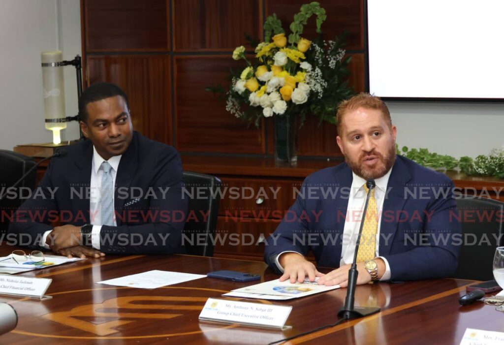 Ansa McAL group chief financial officer Nicholas Jackman, left,  and group CEO Anthony N Sabga III during a media conference at the company's head office at Tatil Building, Maraval Road, Port of Spain, on November 11. - Faith Ayoung