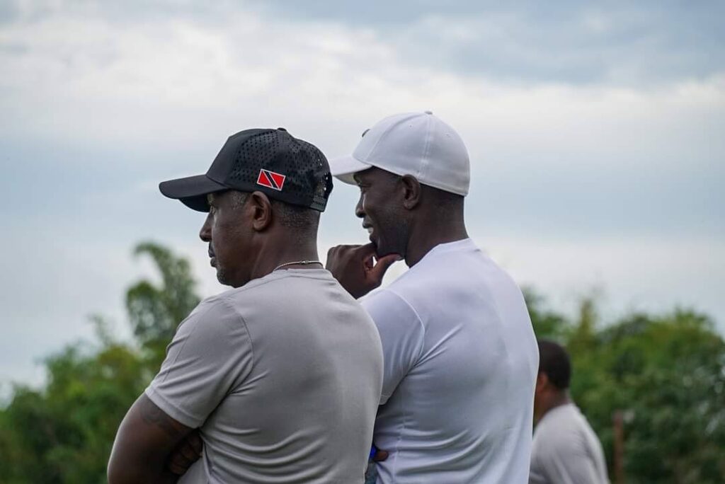 New Trinidad and Tobago senior men's head coach Dwight Yorke, right, and assistant coach Russell Latapy look on during a team training session, on November 13, at the Ato Boldon Stadium, Balmain, Couva.  - Photo courtesy TTFA Media