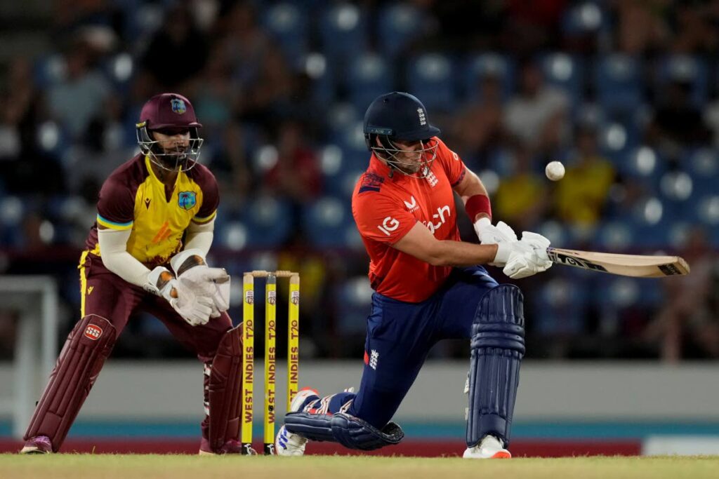 England’s Liam Livingstone plays a shot against West Indies during the third T20 match at Daren Sammy National Cricket Stadium in Gros Islet, St. Lucia, on November 14. (AP Photo) - 