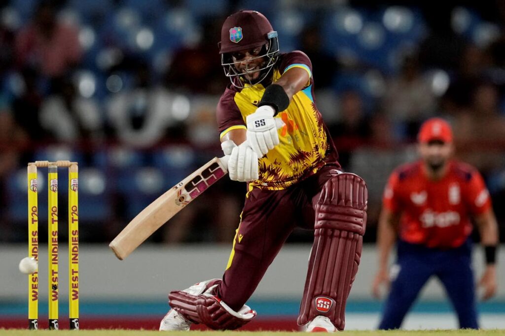 West Indies' Shai Hope plays a shot from a delivery of England's Sam Curran during the fourth T20 at Daren Sammy National Cricket Stadium in Gros Islet, St Lucia, on November 16. (AP Photo) - 