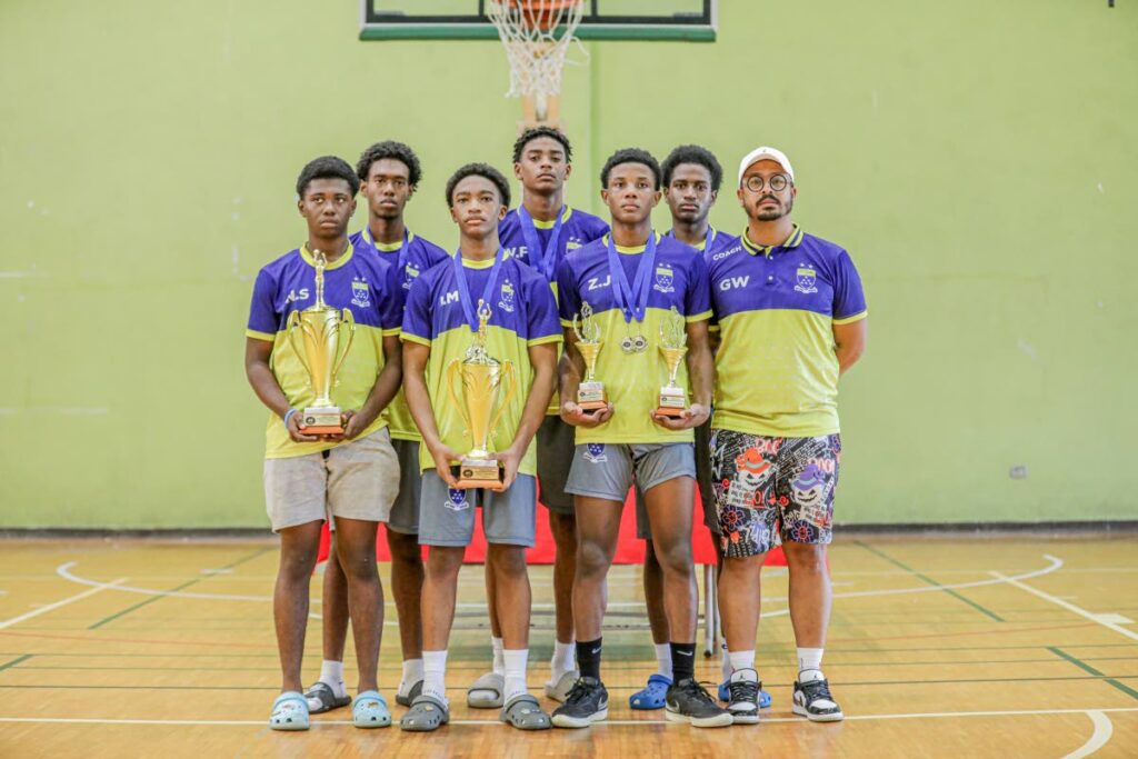 Fatima's under-17 and under-20 players show off their awards from the TT Schools Basketball Association 3x3 Championships at the Southern Regional Indoor Sporting Arena in Pleasantville on November 16. - Photo courtesy Garvin Warwick