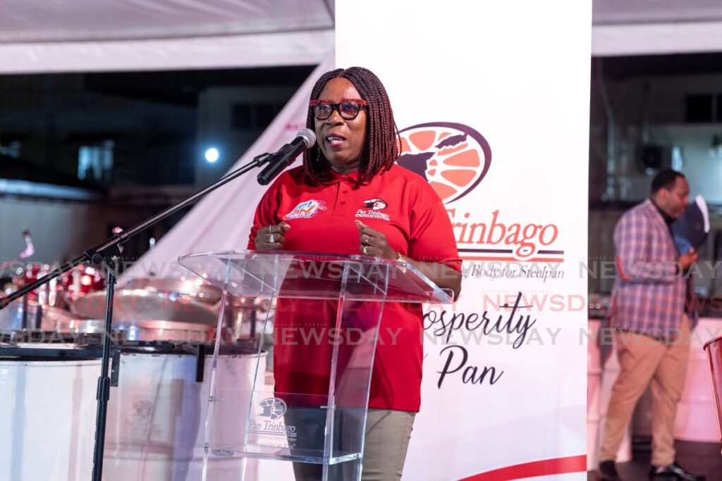 Pan Trinbago president Beverly Ramsey-Moore during her address at the launch of Panorama 2025 at Phase II Pan Groove’s headquarters on Hamilton Street, Woodbrook, on November 17. - Photo by Jeff K Mayers